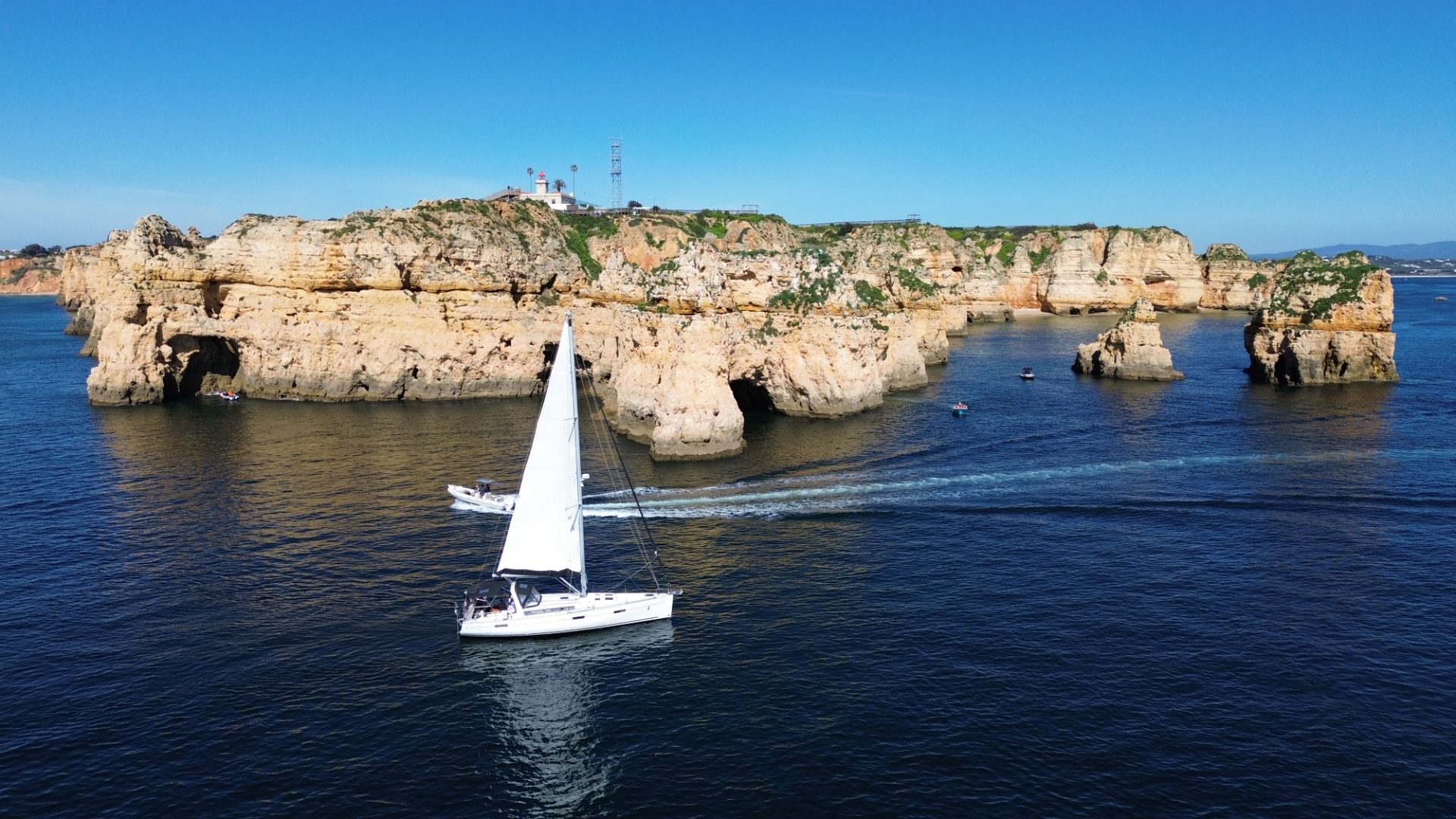 Golden-hour afternoon sail beneath the Algarve cliffs near Lagos